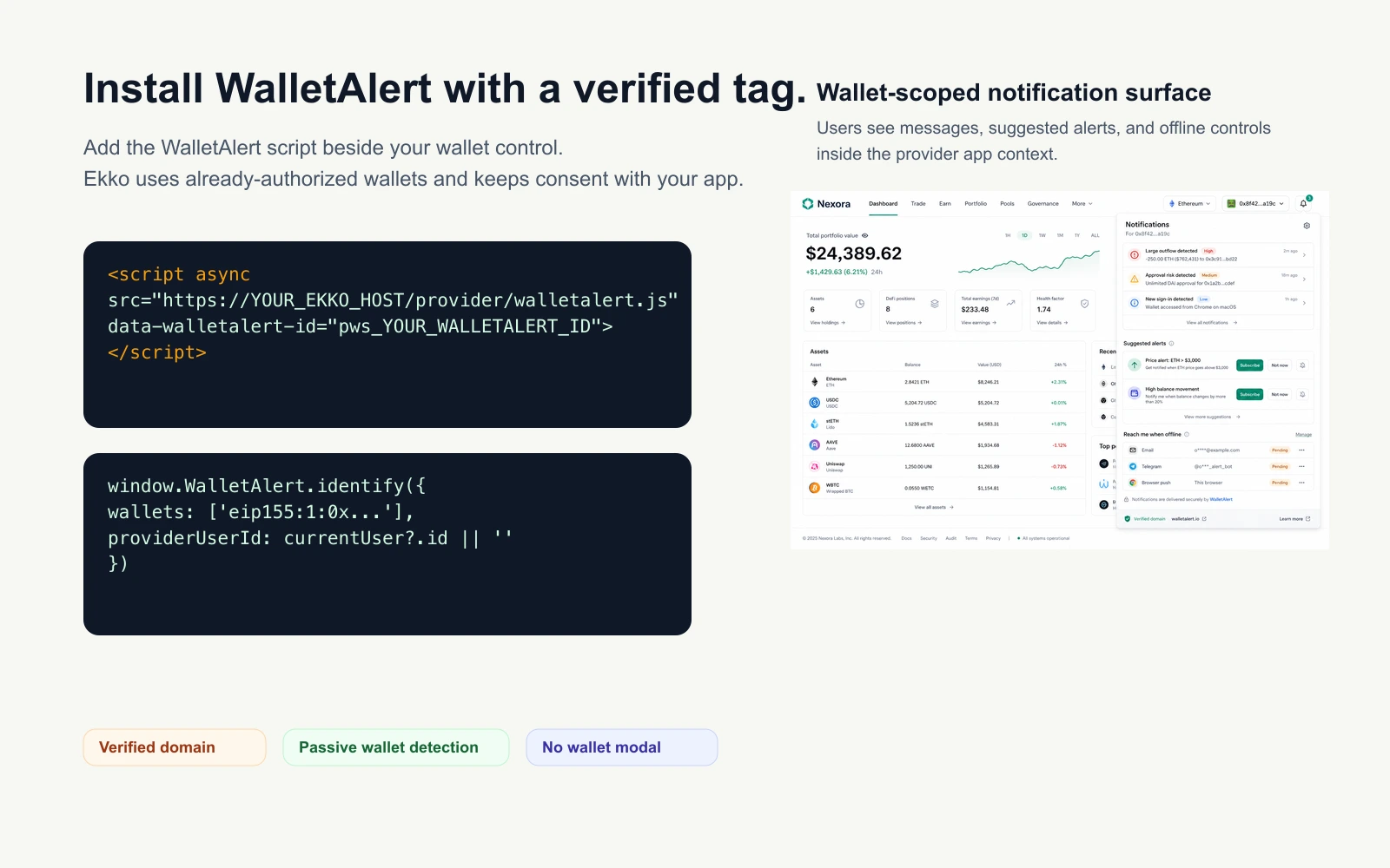 WalletAlert one-line install and identify code preview